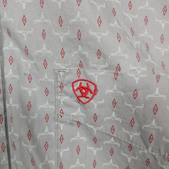 Ariat Fitted Button Down Shirt Men's XL Gray Red Print Western Rodeo Long Sleeve - Picture 4 of 10